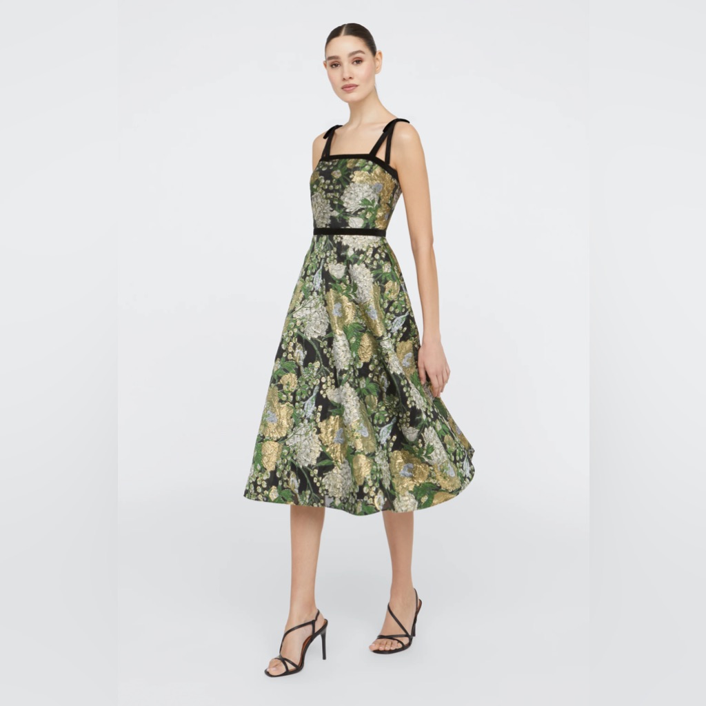 Theia Joni Black Floral Jacquard Midi Dress With Gold And Green Accents